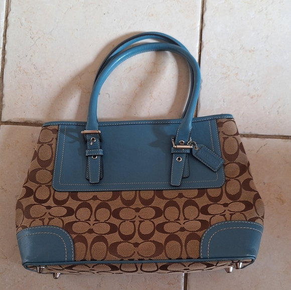 Coach Handbags - Fabric Coach bag with blue leather trim